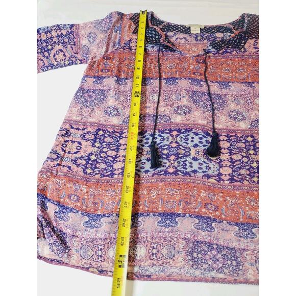 Lucky Brand Womens Medium‎ Peasant Top Bohemian Balloon Sleeve Printed Tassel - Picture 8 of 9